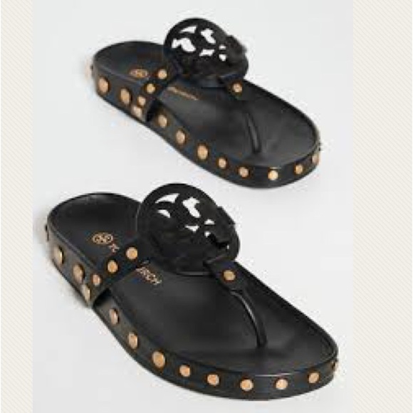 NWT Tory Burch Miller Cloud Gold Coin Thong Sandals Perfect Black Size 11 M - Picture 4 of 13